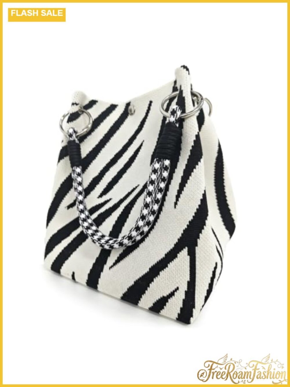 Knit Zebra Bucket Tote Purse Small Crochet Striped Handbag
